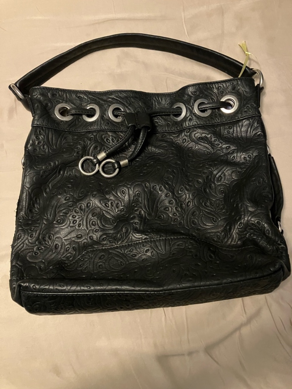 Black Embossed Leather Shoulder Bag - Classic Women's Handbag